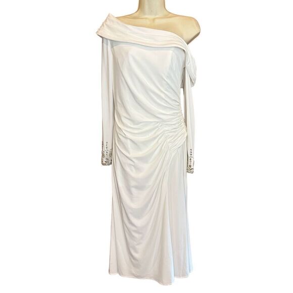 Ieena for Mac Duggal FOLDOVER LONG SLEEVE JEWELED MIDI DRESS NWOT Size 6 - Picture 4 of 7